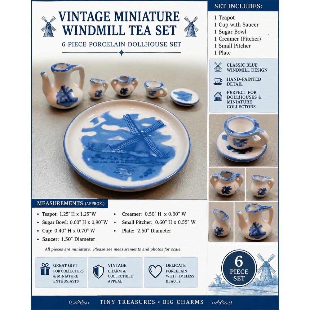 Vintage Miniature Windmill Tea Set 6 Piece Porcelain Dollhouse Nobel Hall Blue